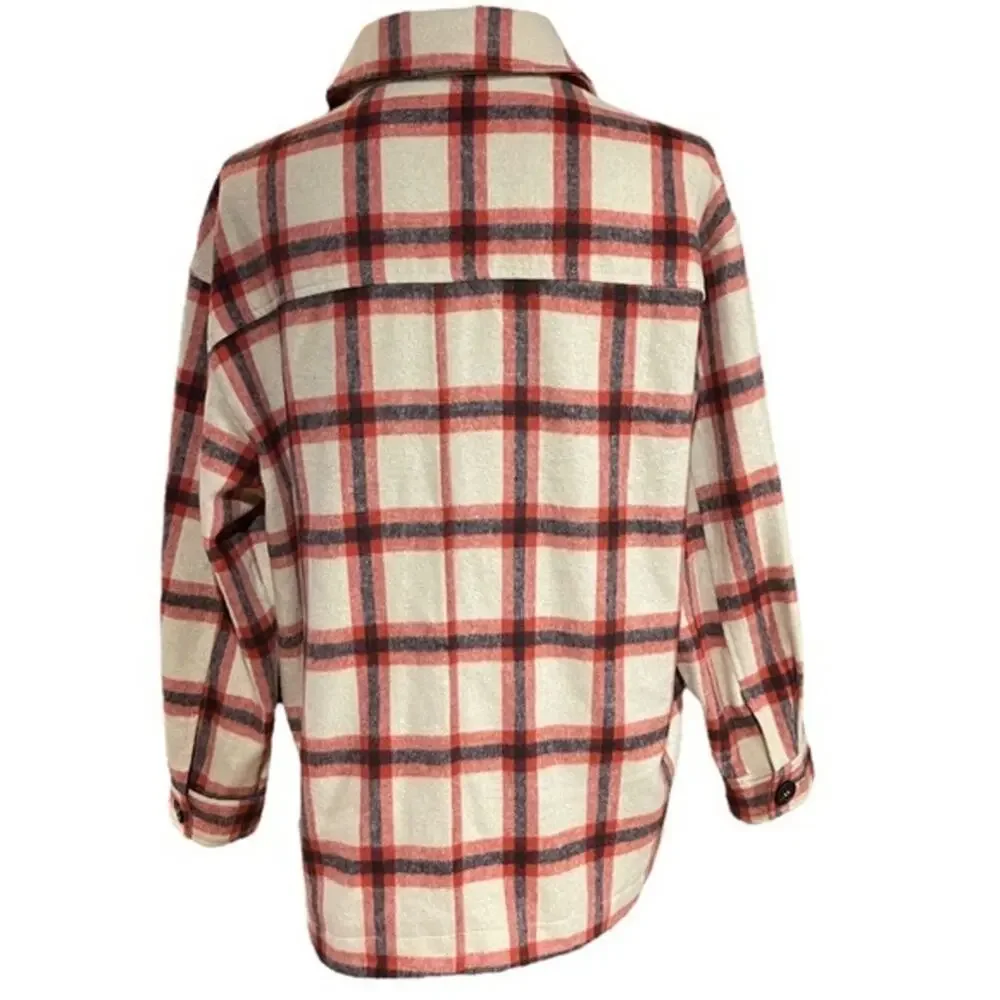 Ott Flannel Shirt Jacket‎ Oatmeal Red Black Plaid Medium / Large